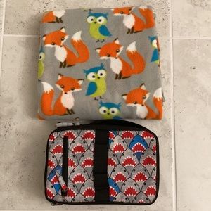 1 60”x45” fox and owl blanket and 1 expandable shark print lunchbox